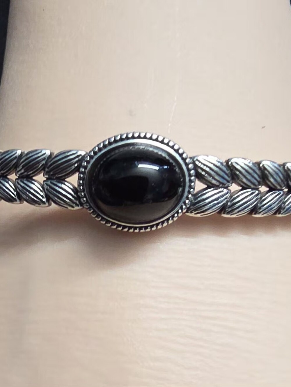 925 Sterling Silver Black Onyx Leaf Cuff Bracelet 11g Open Bangle